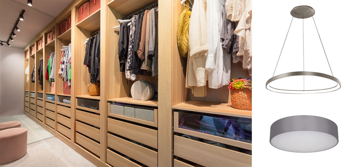 LED-Schienensysteme und Pendelleuchten sorgen für gleichmäßige Grundausleuchtung im Ankleidezimmer, hell und funktional